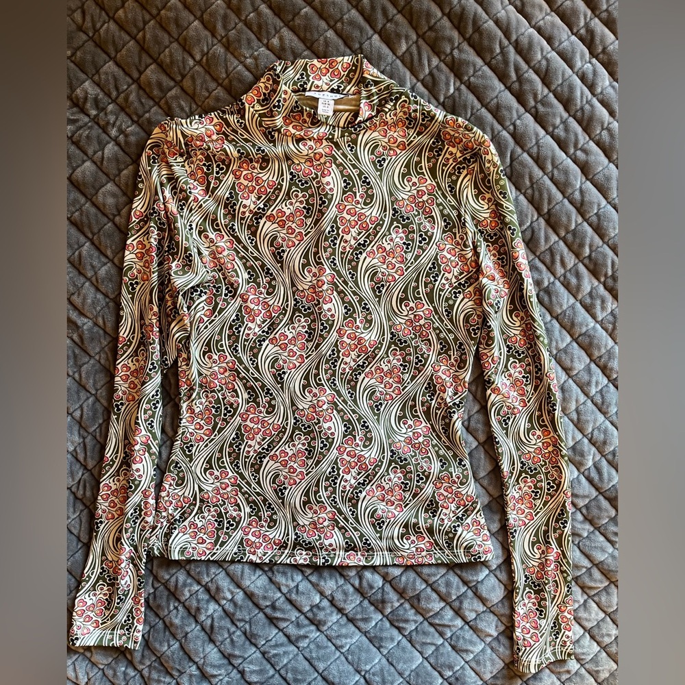 Topshop Retro Floral Mock Neck Long Sleeve Top US 4